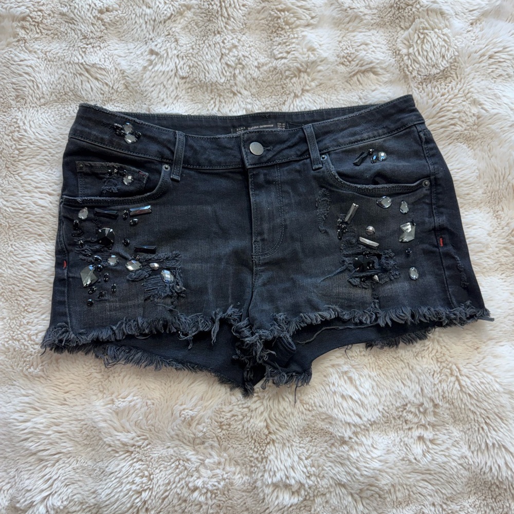 Zara Black Embellished Distressed Denim Jean Shorts